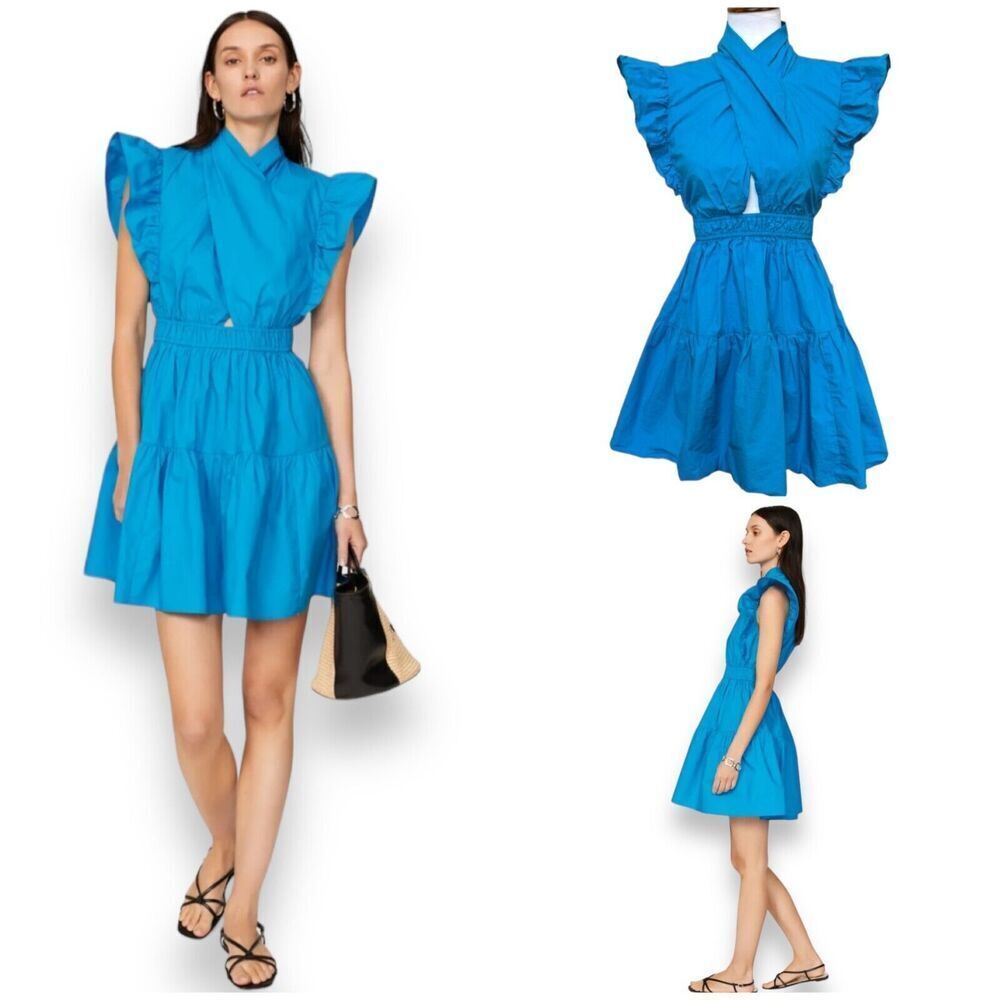 🍀 Line and Dot Women's Celeste Mini Dress Blue Ruffle Cotton Tiered Cutout XS